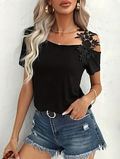 preiswerte Einfarbiges T-Shirt-Damen T Shirt Einfach Mode Modern Lässig Kurzarm V Ausschnitt Normale Oberteile Täglich Wochenende Patchwork Bestickt Schwarz Weiß Braun Grün Sommer Frühling