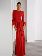 economico GIALLO-Abito da sera con colonna di piume, in crêpe elasticizzato, elegante, formale, da sposa, lungo fino al pavimento, manica lunga, scollo rotondo, staccabile, 2025