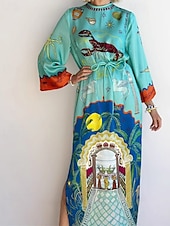 preiswerte bedruckte Kleider aus Baumwolle und Leinen-Damen Langes Kleid Maxikleid Baumwoll-Leinen-Kleider Freizeitkleid Mode Outdoor Party Ferien Normale Passform Landschaft Langarm Rundhalsausschnitt Blau Sommer