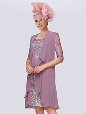 cheap With Jacket-Two Piece Sheath Mother of the Bride Dress Elegant Jewel Neck Knee Length Chiffon Lace Half Sleeve Wrap Included Jacket Dresses with Lace free custom size