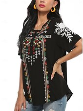 billige Blomster t-skjorte-Dame Boho skjorte Blomstret Fritid Kortermet 3/4-ermer Crew-hals Vanlige topper Arbeid Daglig Ut på byen Broderi Svart Sommer