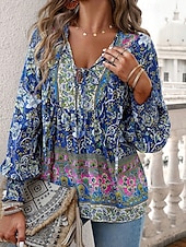 cheap Boho Tops-Women&#039;s Boho Shirt Blouse Flower Modern Boho Long Sleeve V Neck Regular Tops Daily Going out Print Yellow Pink Navy Blue Blue Orange Summer