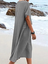 preiswerte Kleider aus Baumwolle und Leinen entwerfen-Damen Midikleid Baumwoll-Leinen-Kleider Freizeitkleid Sommerkleid Klassisch Modern Täglich Wochenende Normale Passform Einfach Kurzarm Rundhalsausschnitt Schwarz Gelb Rosa Königsblau Sommer