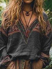 cheap Boho tee-Women&#039;s Cotton Linen Shirts Boho Shirt Blouse Flower Modern Boho Long Sleeve V Neck Regular Tops Holiday Going out Print Black Red Orange Dark Gray Apricot Summer