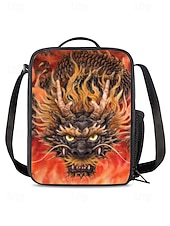 ieftine Rucsaci pentru copii și adolescenți-Set rucsac bărbătesc format din 3 piese cu dragon și imprimeu cu flăcări - ghiozdan școlar rezistent, geantă de prânz izolată și geantă pentru pixuri pentru adolescenți iubitori de întoarcerea la școală și stil fantasy, Kayomi Harai