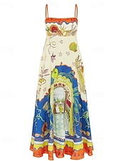 cheap Print Cotton &amp; Linen Dresses-Women&#039;s Long Dress Maxi Dress Cotton Linen Dresses Casual Dress Fashion Outdoor Party Holiday Regular Fit Color Block Sleeveless Spaghetti Strap Orange Summer