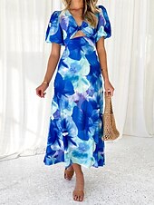 abordables Robes Floraux Imprimés-Femmes Robe Midi Robe Fleurie Robe bohème Robe Imprimée Mode Moderne Vacances Fête Sortir Coupe régulière Fleur Manche Courte Col en V Bleu Vert Été