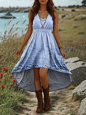 preiswerte Ausgefallene Kleider-Damen Midikleid A Linie Kleid Sommerkleid Urlaub Lässig Boho Ausgehen Strand Normale Passform Blumen Grafik Ärmellos V Ausschnitt Blau Purpur Grün Khaki Sommer Frühling