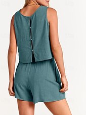cheap Sets-Women&#039;s Active Basic Cotton Linen Sets Blouse Shorts Sets Sleeveless Crew Neck Solid Color Drawstring Going out Weekend Black Blue Orange Summer Regular Fit