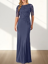 voordelige Vloerlengte-Zeemeermin  Trompet Moeder Van De Bruid Jurk Bruiloft Gast Elegante Crew Hals Vloerlengte Chiffon Halve Mouw Met Applicaties