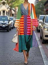 economico Abiti a Strisce e Geometrici-Per donna Abito maxi Abito a trapezio Casual All&#039;aperto Uscire Vestibilità regolare Floreale Grafico Geometrico Manica Lunga Scollo a V Bianco Viola Fucsia Arancione Estate