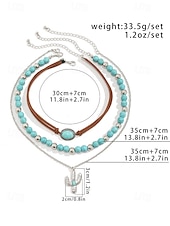 cheap Women&#039;s Necklace-Women&#039;s Western Layered Turquoise Beaded Necklace Set – Boho Statement Jewelry with Cactus &amp; Teardrop Charms, Ideal for Festivals, Country Concerts and Casual Wear