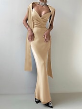 cheap BLUE-2-in-1 Dress Cape Dress Mermaid / Trumpet Evening Gown Elegant Dress Formal Semi Formal Dress Wedding Floor Length Sleeveless V Neck Satin Backless with Bow(s) Pleats Slit