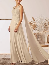 cheap Wedding Guest Dresses-A-Line Wedding Guest Dresses Elegant Dress Wedding Guest Engagement Floor Length Sleeveless V Neck Fall Wedding Guest Chiffon with Appliques