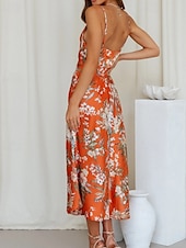 cheap Print Floral Dresses-Women&#039;s Midi Dress Floral Dress Boho Dress Print Dress Fashion Classic Outdoor Vacation Holiday Regular Fit Flower Sleeveless Spaghetti Strap Pink Navy Blue Orange Summer