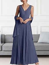 abordables Longueur du plancher-Ligne A Robe de Mère de Mariée  robe demoiselle d honneur Élégant Col en V Longueur au sol Chiffon Sans manches Echarpe incluse avec Perlage Fronces 2025