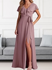 cheap Bridesmaid Dresses-A-Line Bridesmaid Dress V Neck Short Sleeve Elegant Floor Length Chiffon with Sash / Ribbon / Ruffles / Split Front