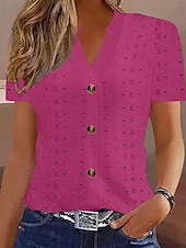 cheap Plain tee-Women&#039;s T Shirt Solid Color Plain Basic Modern Casual Short Sleeve V Neck Regular Tops Daily Weekend Buttons Eyelet White Wine Fuchsia Khaki Summer