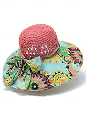 cheap Women&#039;s Hats-Women&#039;s Wide Brim Straw Sun Hat with Colorful Ethnic Print Bow – Boho Style Foldable Beach Hat for Summer Travel and Vacation