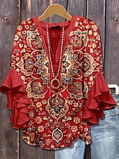 voordelige Vrouwen vakantie tops-Dames Blouse V-Hals Bloemen Grafisch Geometrisch Bohemia Vintage Dagelijks 3/4 Mouw Flatter Sleeve Reguliere Tops Dagelijks Vakantie Kleding Ruffle Print Wijnrood Blauw Groen Zomer Lente Herfst