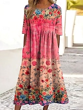 economico Abito Floreale-Per donna Abito Midi Abito Estivo Abito Pieghettato Vacanza Casual Ferie Vestibilità comoda Floreale Grafico Manica Corta Girocollo Rosso Verde Estate