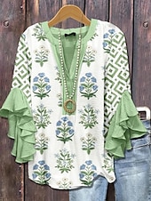 economico Top a Righe e Geometrici per Donne-Blusa da Donna con Maniche a Ruffle a Strati Grafica Floreale A Righe Giornaliera Stile Elegante Casual Maniche a 3/4 Collo a V Maglietta Regolare Abbigliamento Estivo Primaverile per Vacanze Stampa