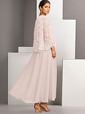 economico Con giacca-Abito madre della sposa A-Line due pezzi elegante semplice casual collo a barca lunghezza caviglia chiffon maniche lunghe con pizzo