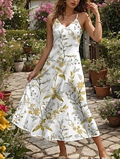 preiswerte Blumenkleider-Damen Maxikleid A Linie Kleid Sommerkleid Unterkleid Elegant Urlaub Lässig Normale Passform Blumen Grafik Ärmellos V Ausschnitt Spaghettiträger Gelb Rote Blau Purpur Sommer Frühling