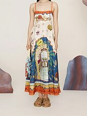 cheap Print Cotton &amp; Linen Dresses-Women&#039;s Long Dress Maxi Dress Cotton Linen Dresses Casual Dress Fashion Outdoor Party Holiday Regular Fit Color Block Sleeveless Spaghetti Strap Orange Summer