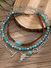 cheap Women&#039;s Necklace-Women&#039;s Western Layered Turquoise Beaded Necklace Set – Boho Statement Jewelry with Cactus &amp; Teardrop Charms, Ideal for Festivals, Country Concerts and Casual Wear