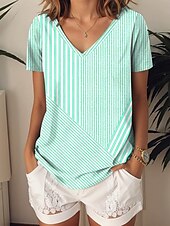 billige Boho t-skjorte-Dame T skjorte Grafisk Geometrisk Stripet Årgang Stilfull Etnisk Kortermet V-hals Vanlige topper Daglig Ut på byen Strand Klær Trykt mønster Rosa Blå Lilla Grønn Grå Sommer Vår