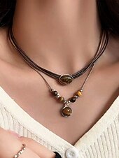 abordables Collier pour femme-Ensemble de colliers et pendentifs en pierre œil de tigre double couche de style bohème pour femmes, matériau en pierre naturelle, adapté aux tenues décontractées, quotidiennes et de fête