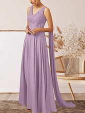 cheap Wedding Guest Dresses-A-Line Wedding Guest Dresses Elegant Dress Wedding Guest Engagement Floor Length Sleeveless V Neck Fall Wedding Guest Chiffon with Appliques