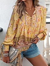 cheap Boho Tops-Women&#039;s Boho Shirt Blouse Flower Modern Boho Long Sleeve V Neck Regular Tops Daily Going out Print Yellow Pink Navy Blue Blue Orange Summer