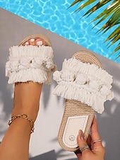 preiswerte Urlaubsandalen-Damen-Sandalen mit Fransen – flache Schuhe im Bohème-Makramee-Stil für den Pool, den Urlaub und entspannte Sommertage