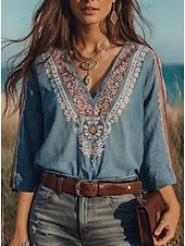 tanie Damskie topy boho-Damskie Bluzka Kwiaty Graficzny Bohema Zabytkowe Codzienny Rękaw 3/4 Półgolf Łódeczka Zwykłe topy Codzienny Święto Ubrania wakacyjne Nadruk Niebieski Lato Wiosna