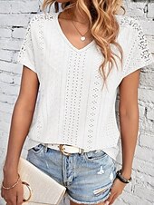 abordables T-shirt uni-Femmes T-shirt Uni Mode Moderne Occasionnel Manche Courte Col en V Hauts Réguliers Quotidien Week-end Œillet Noir Blanche Jaune Rose Claire Été