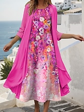 preiswerte Blumenkleid-Damen Kleid-Set Shiftkleid Sommerkleid Lässig Ombre Blumen Druck Midikleid Dreiviertelarm Rundhalsausschnitt Täglich Blau Purpur Fuchsie Sommer Frühling Normale Passform