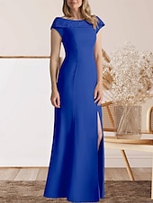 preiswerte Bodenlänge-Meerjungfrauenschnitt Brautmutterkleid Hochzeitsgast Elegant Süß Rundhalsausschnitt Bodenlang Spitze Stretchstoff Kappenärmel mit Spitze Geteilter Vorderteil 2025