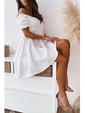 abordables Robes décontractées blanches-Femmes Mini Robe Robe Décontractée Robe d&#039;été Basique Moderne Quotidien Week-end Coupe régulière Uni Manche Courte Épaules Dénudées Noir Blanche Abricot Été