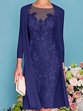 preiswerte Mit Jacke-zweiteiliges Etuikleid in Champagner für die Strandhochzeit, Mutter der Braut, elegantes Hochzeitsgastkleid mit Rundhalsausschnitt, knielang, Chiffonspitze, 3/4-Ärmel, Wickelkleid inklusive Jacke,