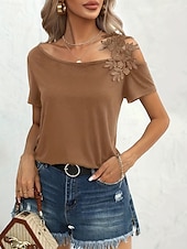 preiswerte Einfarbiges T-Shirt-Damen T Shirt Einfach Mode Modern Lässig Kurzarm V Ausschnitt Normale Oberteile Täglich Wochenende Patchwork Bestickt Schwarz Weiß Braun Grün Sommer Frühling