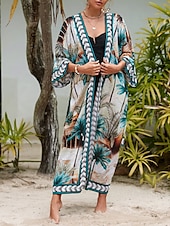 billiga Kaftans-Dam Badkläder Täck Över Baddräkt knyt fram Tropisk Standkläder Blomma V-hals Långärmad Baddräkter