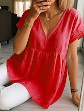 preiswerte Hemden-Damen Sommer Tops Casual Kurzarm V-Ausschnitt Regular Tops Hellgrün Rosa Rot Staubblau Sommerhemd Bluse Baumwolle Leinen Hemden Einfarbig Basic Modern Shirt