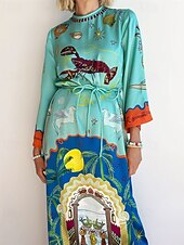 preiswerte bedruckte Kleider aus Baumwolle und Leinen-Damen Langes Kleid Maxikleid Baumwoll-Leinen-Kleider Freizeitkleid Mode Outdoor Party Ferien Normale Passform Landschaft Langarm Rundhalsausschnitt Blau Sommer