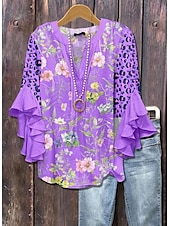 preiswerte Damen Urlaub Oberteile-Damenbluse Geschichtete Rüschenschlupfärmel Tops Floral Grafik Paisley Bohemia Vintage Täglich 3/4 Lange Ärmel V-Ausschnitt Reguläre Tops Täglich Urlaub Ferien Kleidung Print Schwarz Pink Lila
