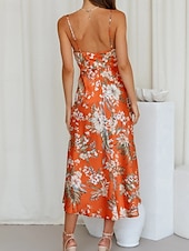 cheap Print Floral Dresses-Women&#039;s Midi Dress Floral Dress Boho Dress Print Dress Fashion Classic Outdoor Vacation Holiday Regular Fit Flower Sleeveless Spaghetti Strap Pink Navy Blue Orange Summer