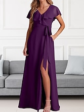 cheap Bridesmaid Dresses-A-Line Bridesmaid Dress V Neck Short Sleeve Elegant Floor Length Chiffon with Sash / Ribbon / Ruffles / Split Front