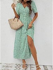 abordables Robes fleuries-Femmes Robe maxi Robe trapèze Occasionnel Extérieur Sortir Coupe régulière Fleuri Manche Courte Col en V Bleu Vert Été