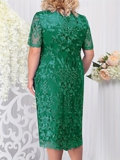 baratos Comprimento do chá-Vestido Plus Size Mãe da Noiva Vestido Curves Elegante Decote Cano Comprimento do Chá Renda Manga Curta com Cor Sólida